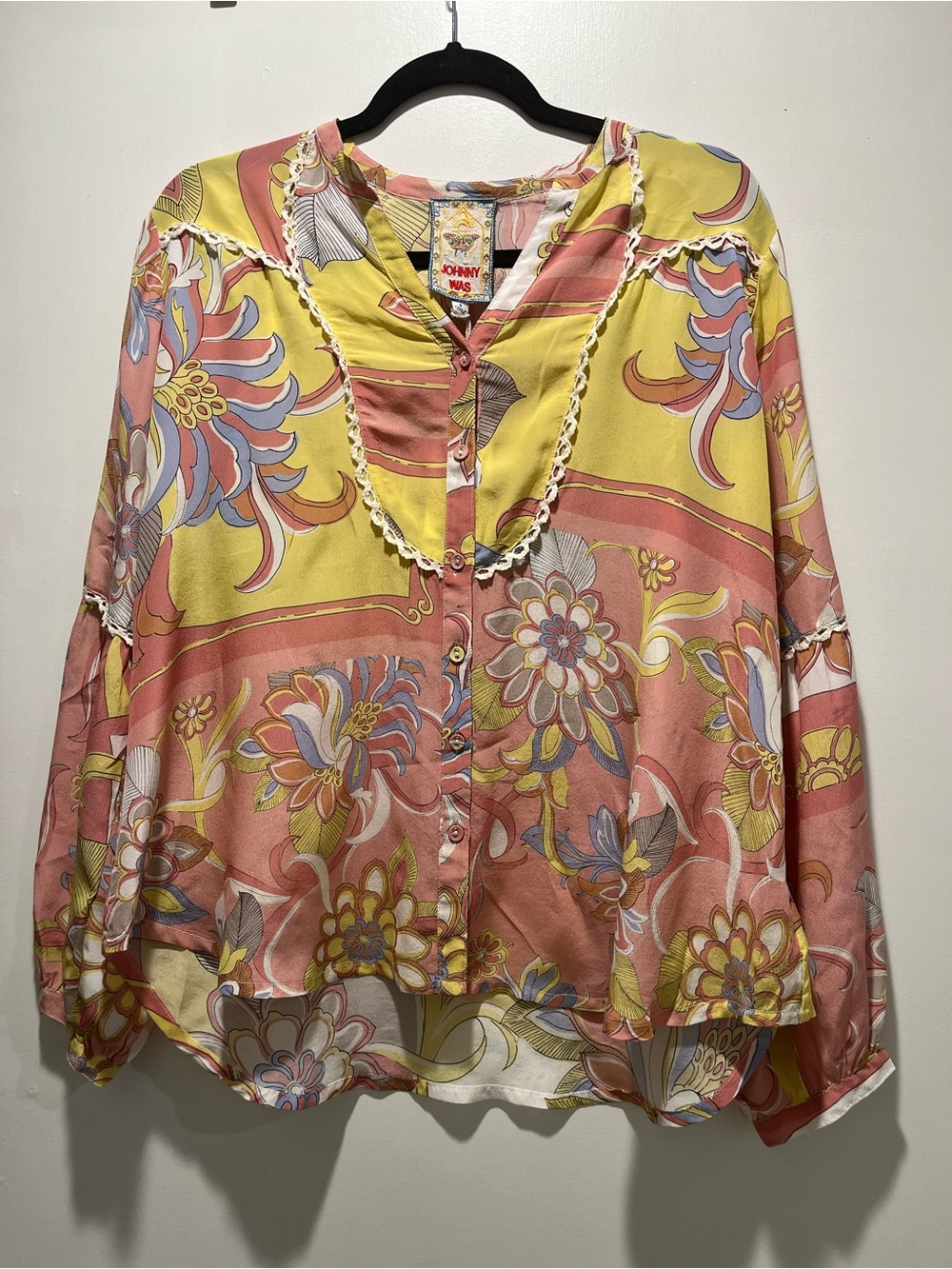 Johnny Was Silk Floral Print Button-Front Women’s Blouse in Pink & Yellow NWT